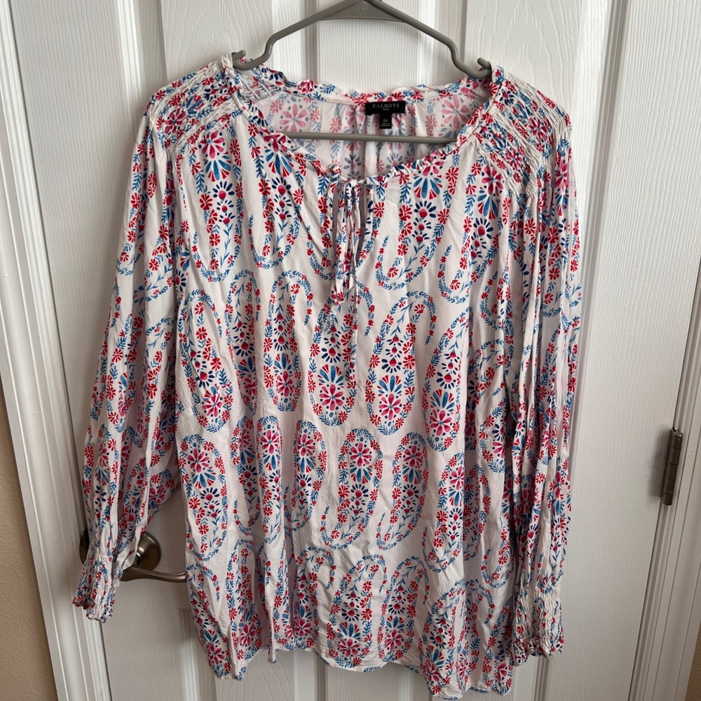 Talbots Peasant Blouse Floral Print Long Sleeve Tie‎ Neck Plus Size 2X